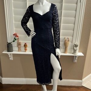 Zara Ruched V Neck Lace Midi Dress